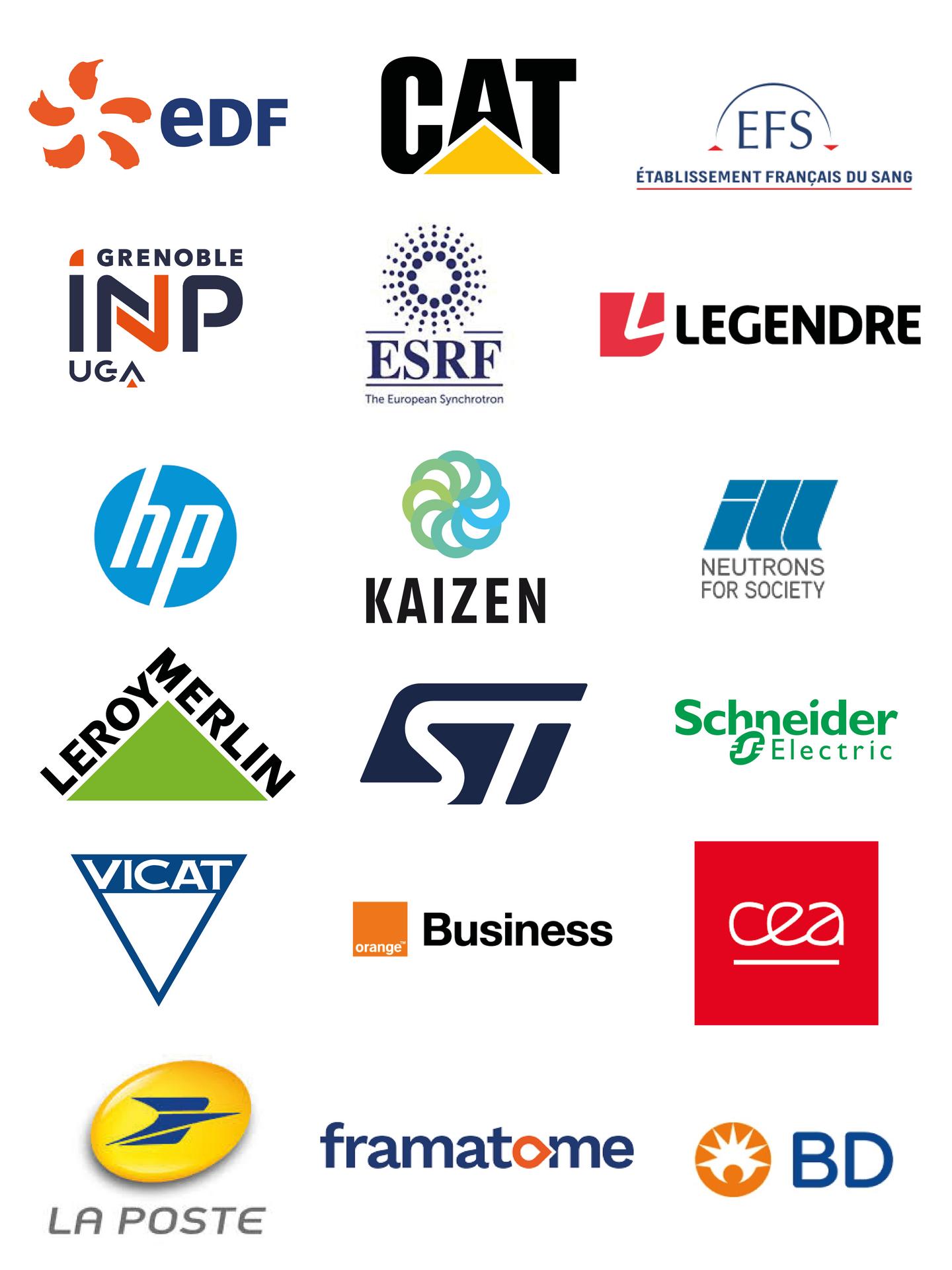 Logos des clients du stade des alpes : EDF, Caterpillar, l'EFS (Etablissement français du sang), l'UGA (Université Grenoble Alpes), l'ESRF (european Synchrotron), le groupe Legendre, HP (Hewlett-Packard), Kaizen, l'ILL (Institut Laue-Langevin), Leroy Merl